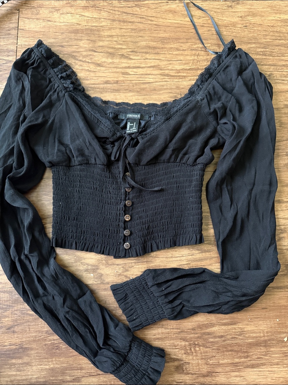 Forever 21 Black Smocked Crop Blouse with Balloon Sleeves